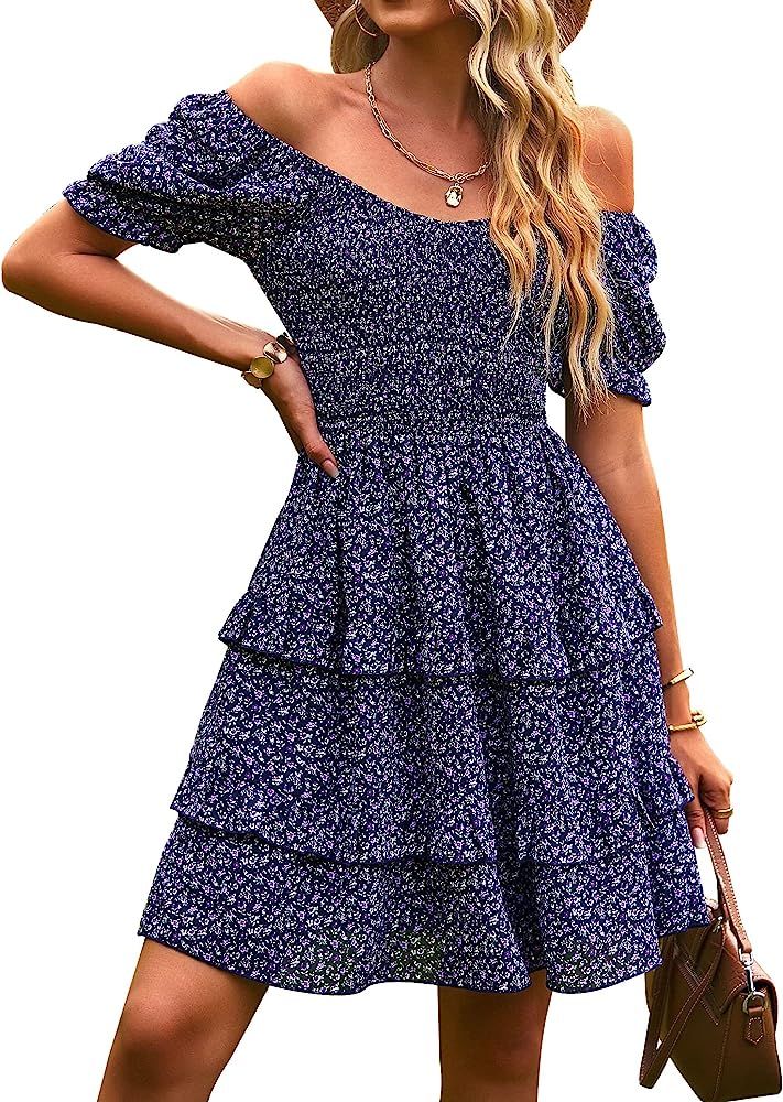NIVYEE Women's Casual Floral Summer Dress Puff Sleeve Ruffle Hem Inside Liner A-line Dresses | Amazon (US)