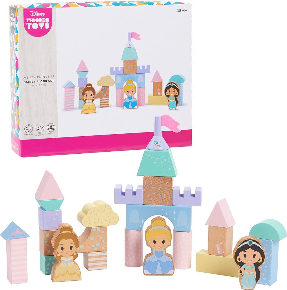 Disney Wooden Toys Princess Castle Block Set, 25-Pieces Include Cinderella, Belle, and Jasmine Bl... | Amazon (US)