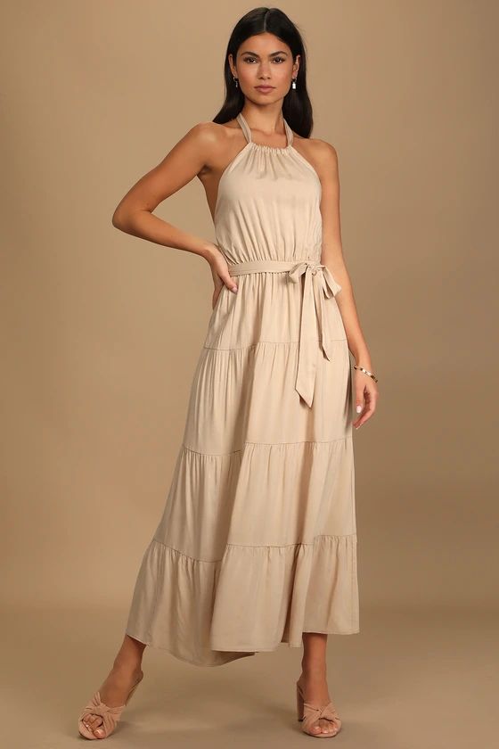 Casual Summer Beige Halter Tiered Maxi Dress | Lulus (US)