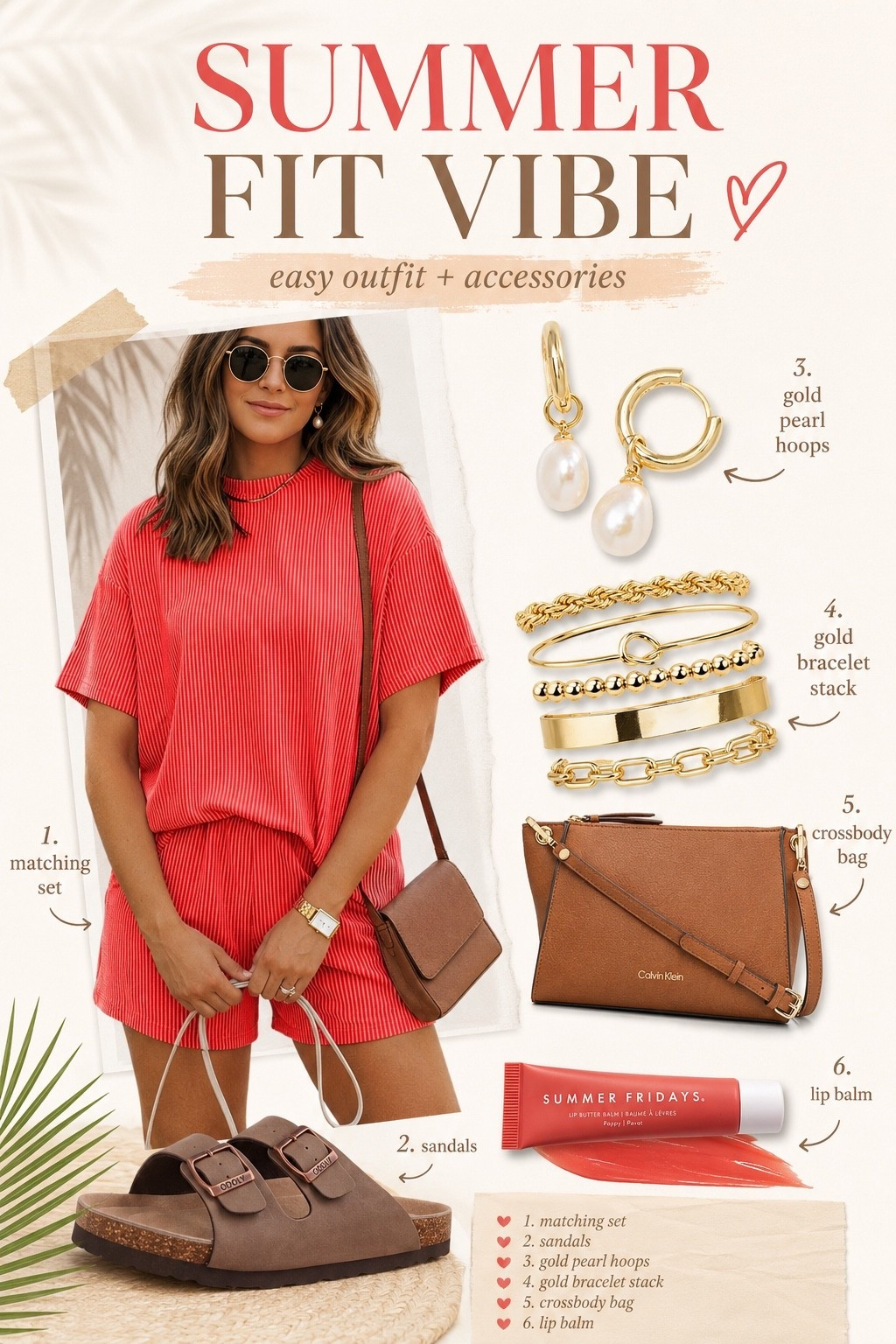 The kind of summer outfit that looks cute but still feels comfy all day ☀️ This matching set + sandal combo is such an easy throw-on-and-go look. Added gold jewelry, a crossbody bag, and a pop of lip color to finish it off. #summerfit