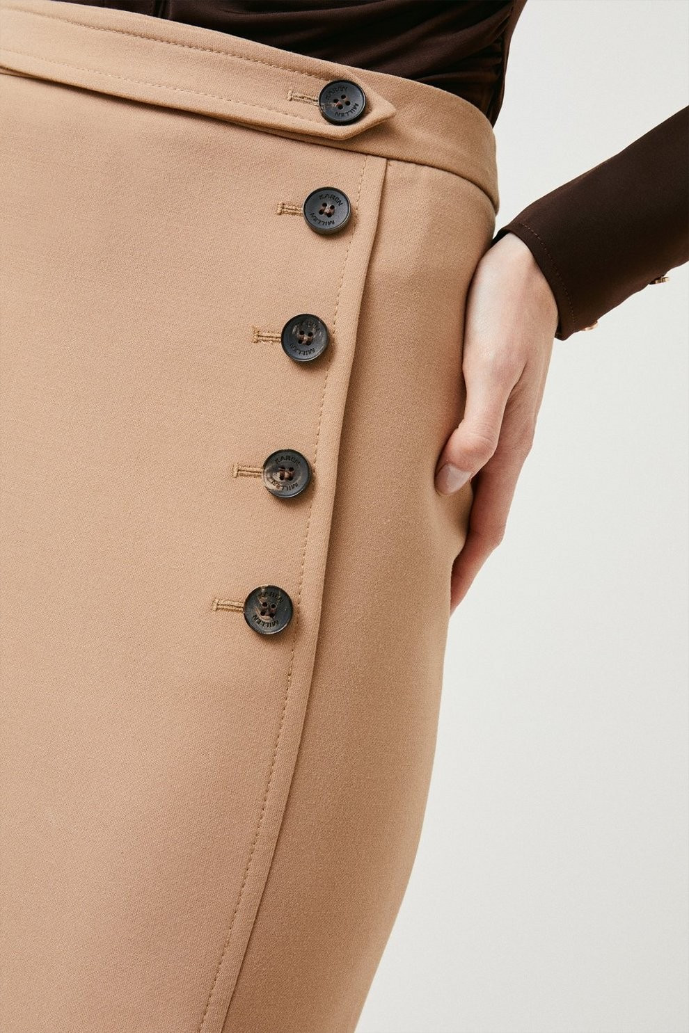 Compact Stretch Button Detail Pencil Skirt | Karen Millen UK & IE