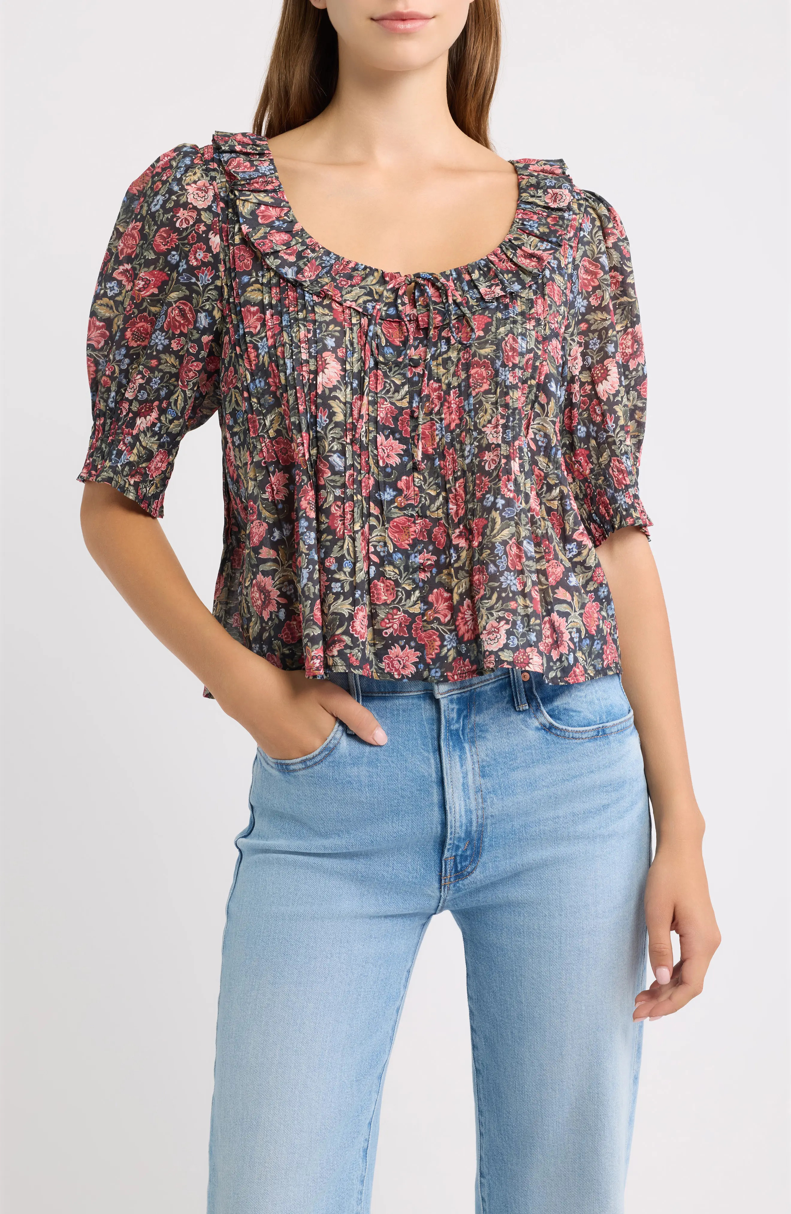 Hill House Home Camri Ruffle Collar Top in Chilton Floral Block at Nordstrom, Size X-Large | Nordstrom
