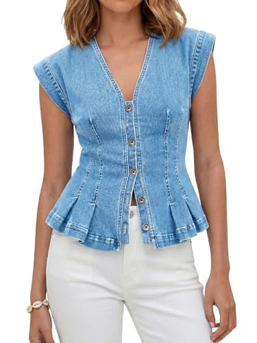 Tankaneo Womens Denim Vests Tops Summer Casual Y2k Fitted Pleated Jean Tops | Amazon (US)