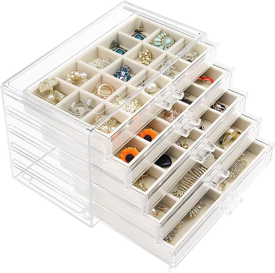 Watpot Acrylic Jewelry Box with 5 Drawers, Clear Earring Storage Organizer Display Case for Women... | Amazon (US)