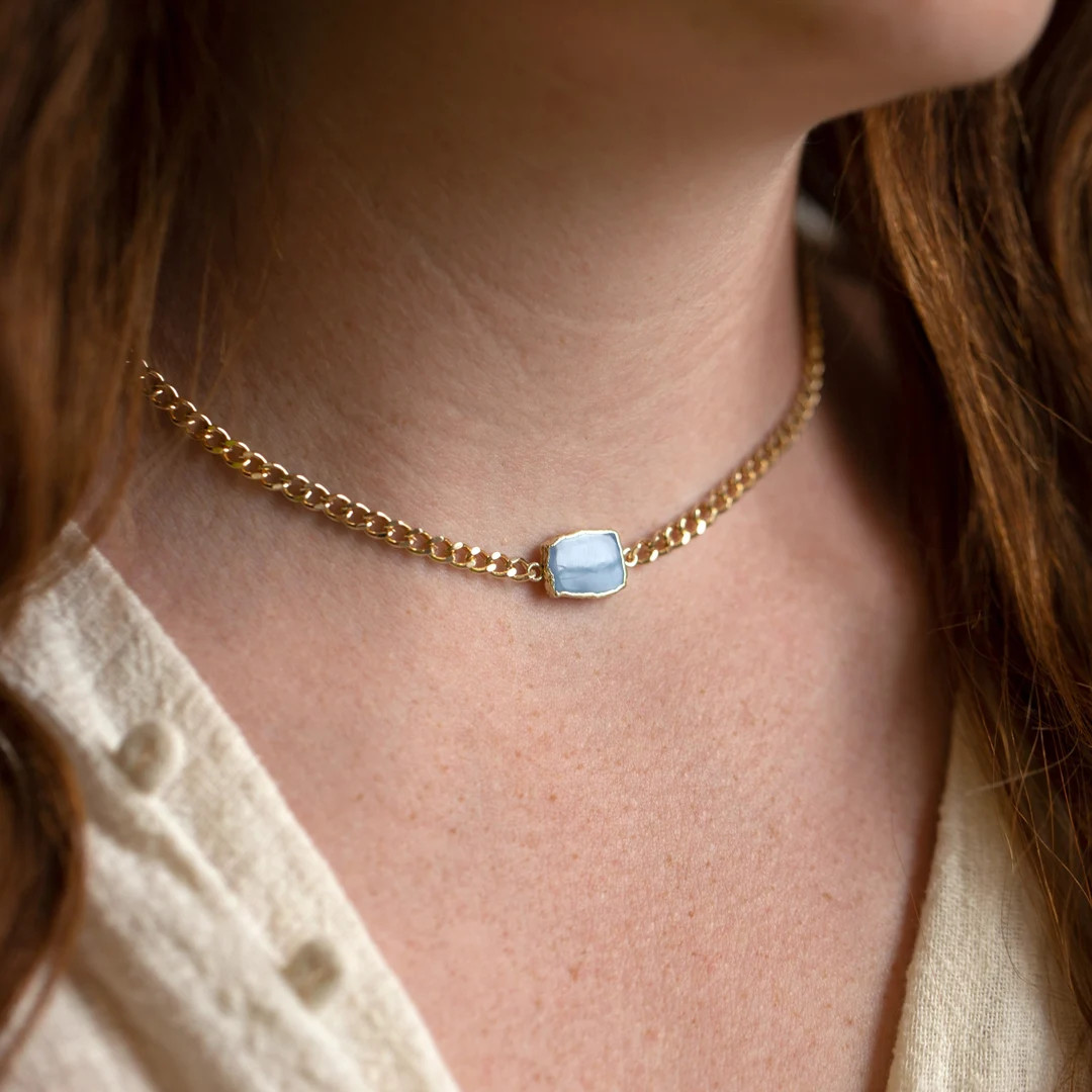 Blue Opal Thick Chain Choker, Chunky Curb Layering Necklace Gold, Natural Gemstone Slice Crystal ... | Etsy (US)