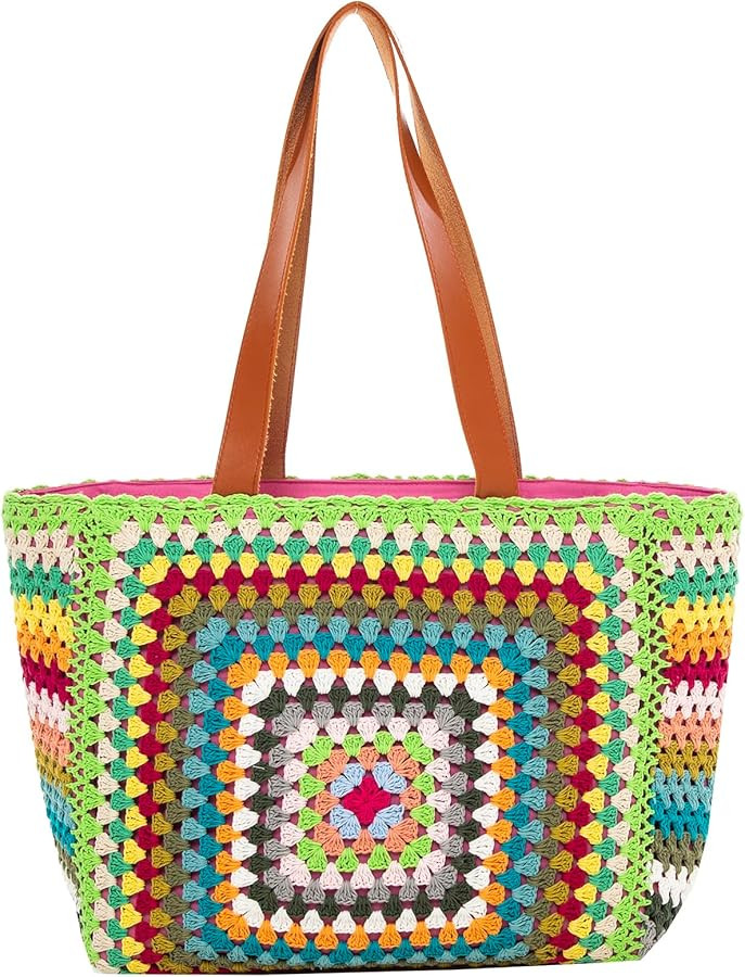 Back From Bali Womens Large Hand Crochet Tote Bag - Fully Lined, Zipper Closure Over the Shoulder... | Amazon (US)