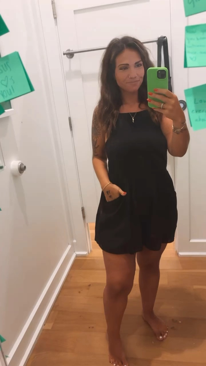 We love a romper with pockets 🙌🏼🖤 Wearing a medium!! Smocked top with a flowy bottom #americaneagle #rompers #aefashion 

#LTKstyletip #LTKswim #LTKmidsize