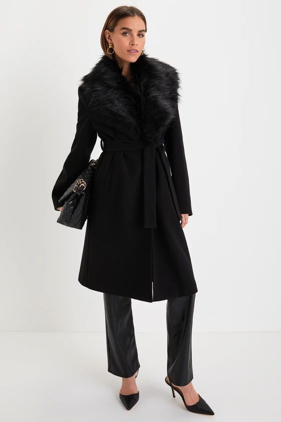 Essential Sophistication Black Faux Fur Collar Belted Coat | Lulus (US)