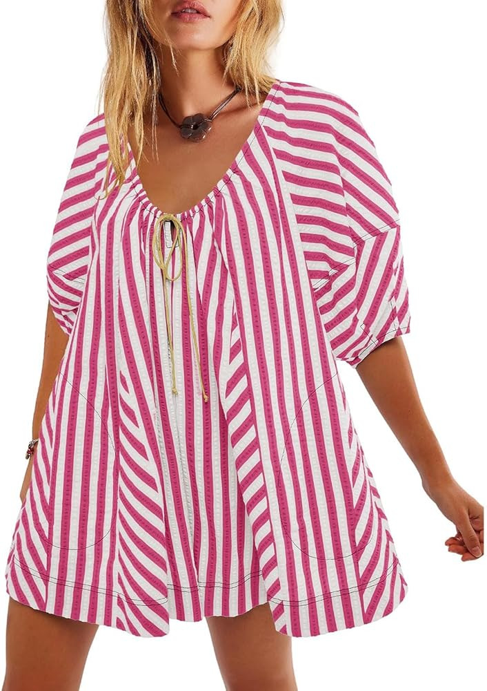 Women Summer Romper Cute Round Neck Puff Sleeve Striped Drawstring Wide Leg Jumpsuits Casual Loos... | Amazon (US)