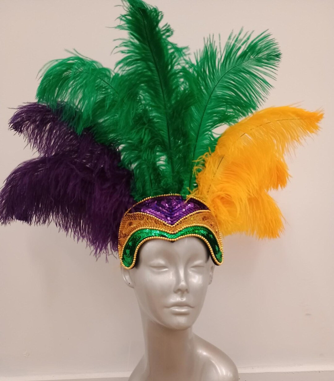 Mardi Gras 2025 New Open Face and Sequin Crown Ostrich Feathers Original Mardi Gras Color Feather... | Etsy (US)