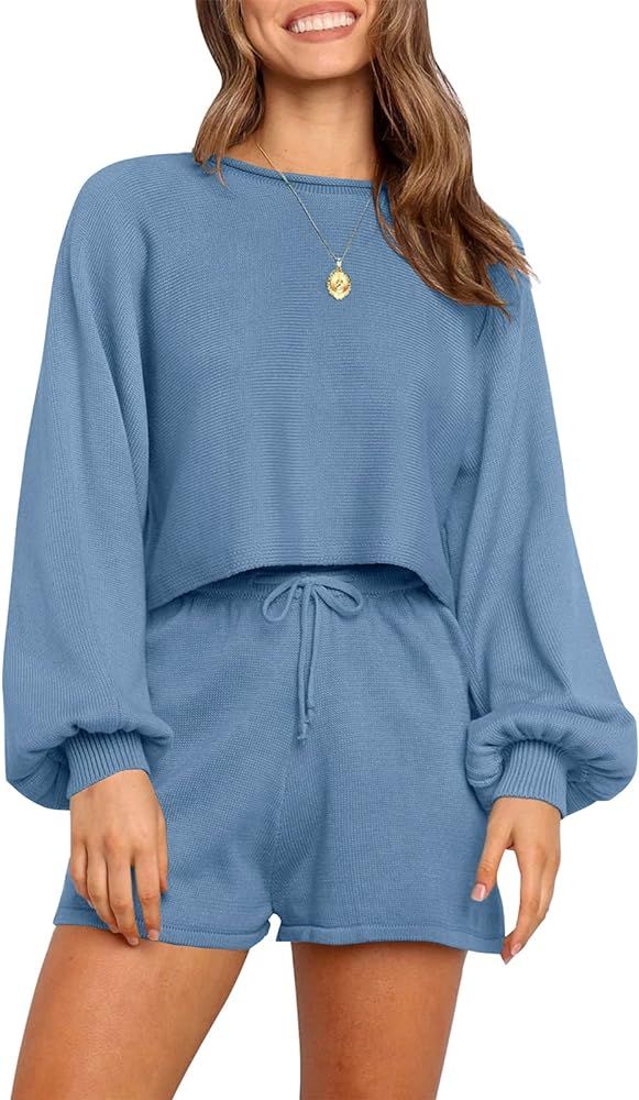 ZESICA Women's Casual Long Sleeve Solid Color Knit Pullover Sweatsuit 2 Piece Short Sweater Outfi... | Amazon (US)