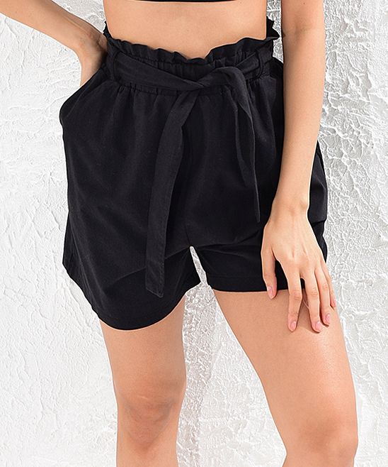 Milan Kiss Women's Casual Shorts BLACK - Black Belted Paper Bag Shorts - Women | Zulily