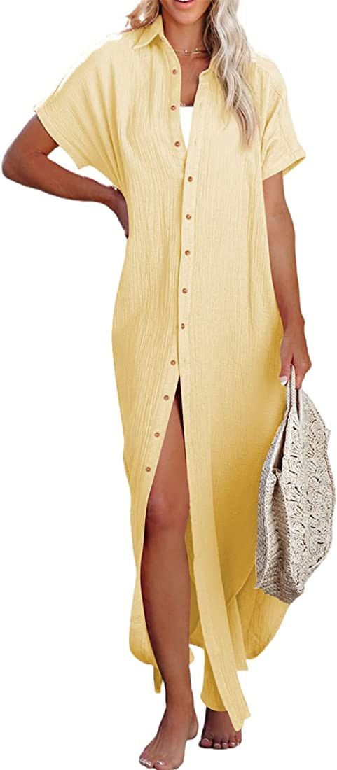 Herseas Womens Casual Short Sleeve Button Down Dress Side Split Long Kimonos Cardigans Swimsuit C... | Amazon (US)