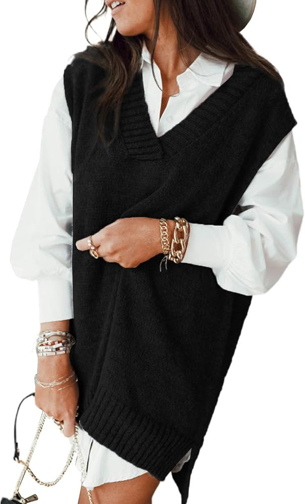 Sweezarmo Womens V Neck Cable Knit Sweater Vest Solid Color Oversized Sweater Casual Sleeveless P... | Amazon (CA)