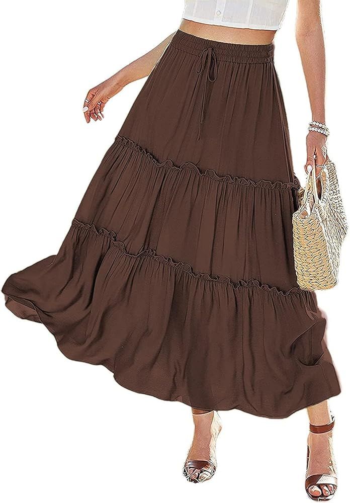 Avanova Women Elastic High Waist A Line Maxi Skirts Layer Ruffle Swing Casual Long Skirts | Amazon (US)