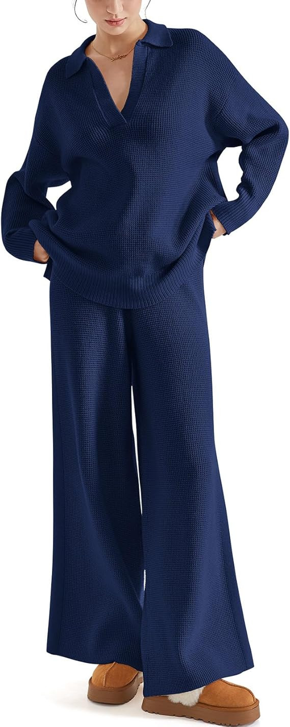 SUUKSESS Women 2 piece Fall outfits Matching Lounge Set Waffle Knit Sweater sets | Amazon (US)