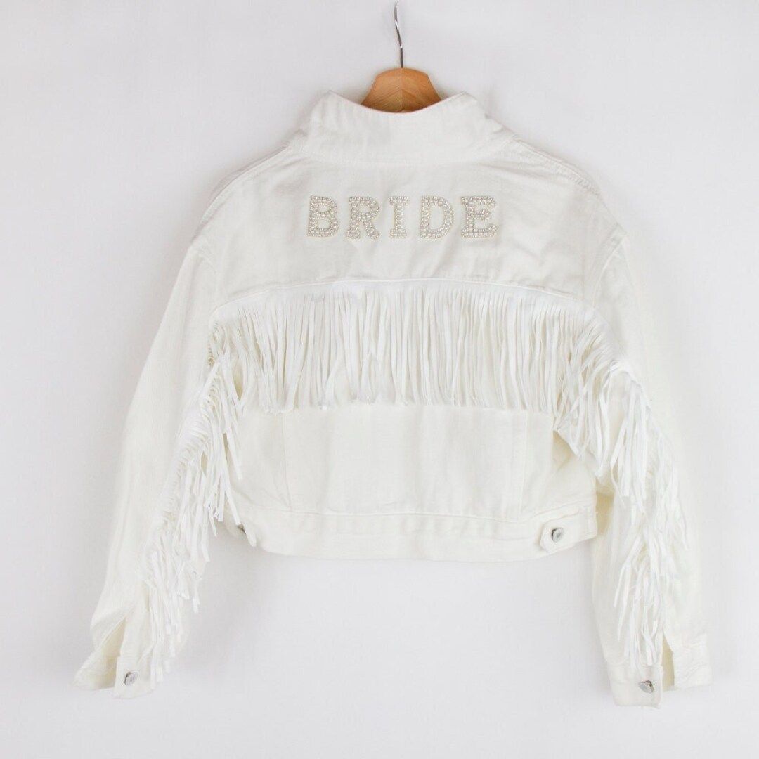White Fringe Bride Pearl Patch Denim Jacket, Custom Bride Pearl Denim Jacket, Custom Bachelorette... | Etsy (US)