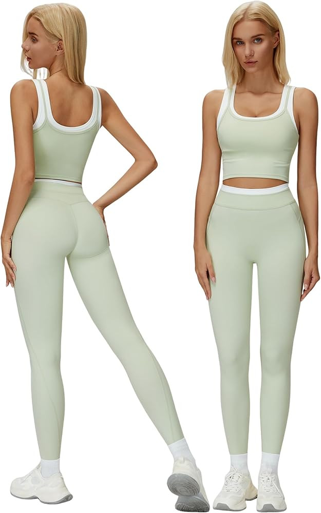 Womens Workout Set Two Piece Racerback Color Block Tank Tops Matching High Waist Leggings Gym Wor... | Amazon (US)