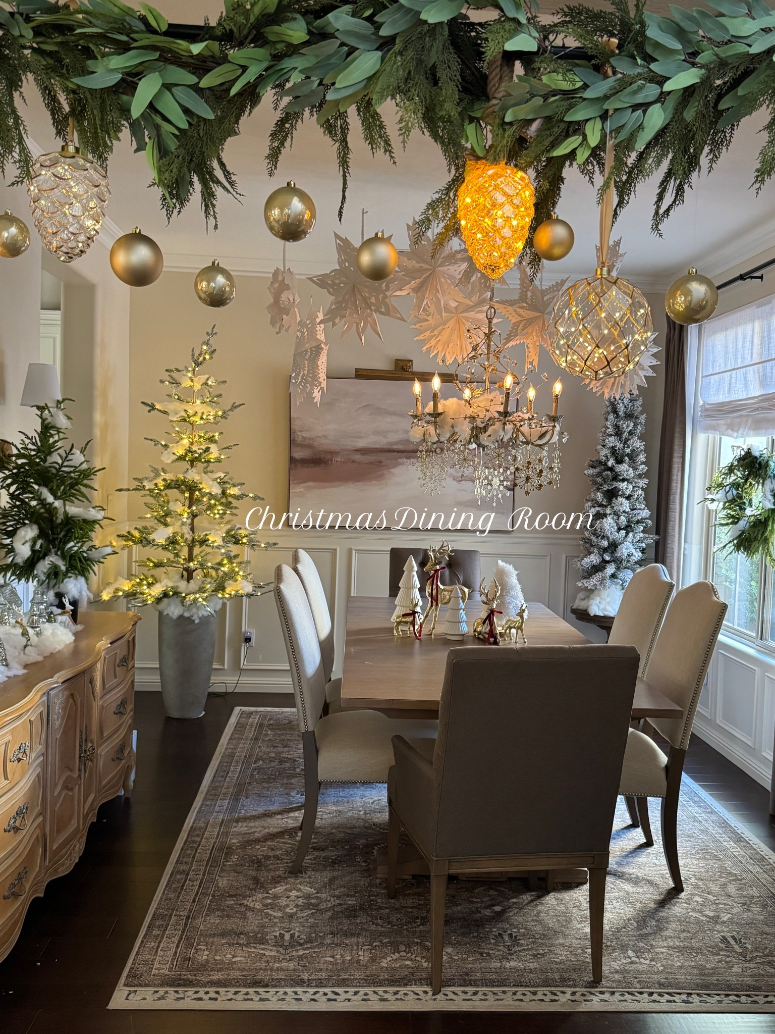 A peek into my snowy decorated dining room. 

Alpine Tree that’s lit, is from Balsam Hill, smaller tree in opposite corner is from Hobby Lobby. The snowflakes ornaments are also from Balsam Hill.

Dining table & chairs are from Ethan Allen.

Snowflakes, garland, Christmas trees, Christmas dining room 

#LTKHoliday #LTKHome #LTKSeasonal