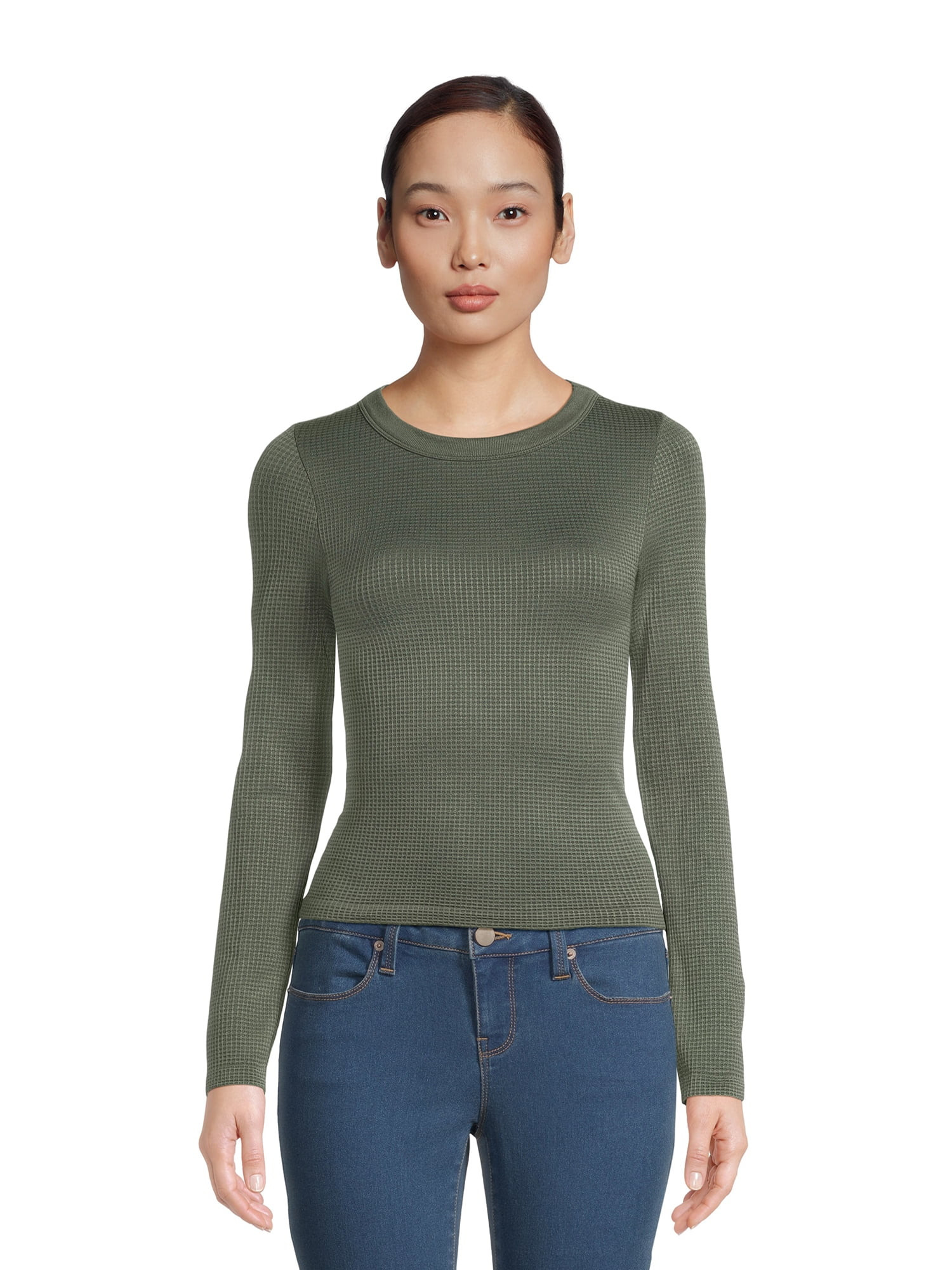 No Boundaries Juniors’ Crewneck Waffle Tee with Long Sleeves, Sizes XS-XXL | Walmart (US)