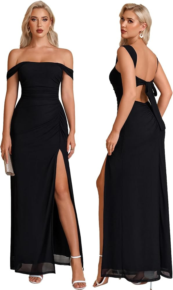 HTZMO Womens Off The Shoulder Wedding Guest Formal Floral Split Maxi Dress | Amazon (US)