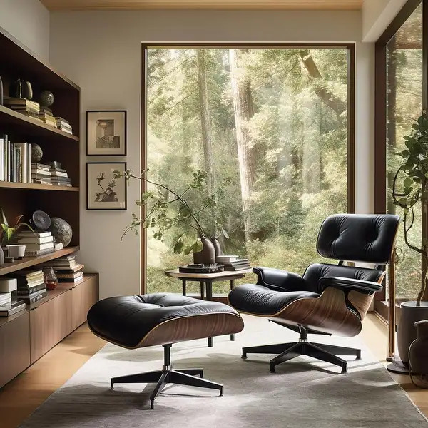 Mid-century Full Grain Leather Accent Chaise Lounge Chair and Ottoman - Walnut&Black | Bed Bath & Beyond