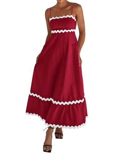 dowerme Women Summer Dresses 2026 Spaghetti Straps Sleeveless Smocked Rickrack Trim Boho Flowy Lo... | Amazon (US)