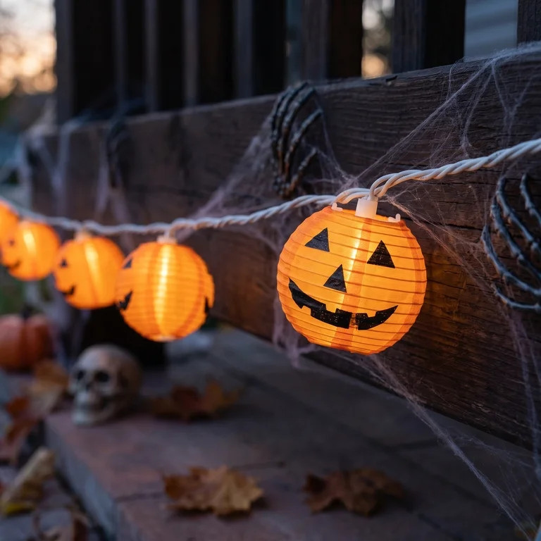 Northlight Jack-O-Lantern Paper Lantern Halloween Lights - Orange and Black - 9' White Wire - 10c... | Walmart (US)