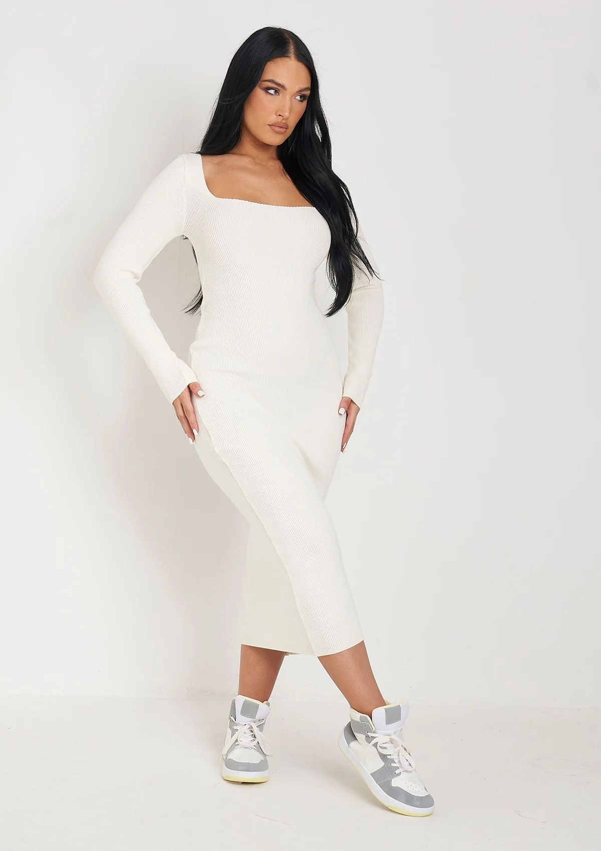 Kim Cream Knit Square Neck Long Sleeve Midi Dress | Women's Midi Dresses | MissyEmpire | Missy Em... | Missy Empire (UK)