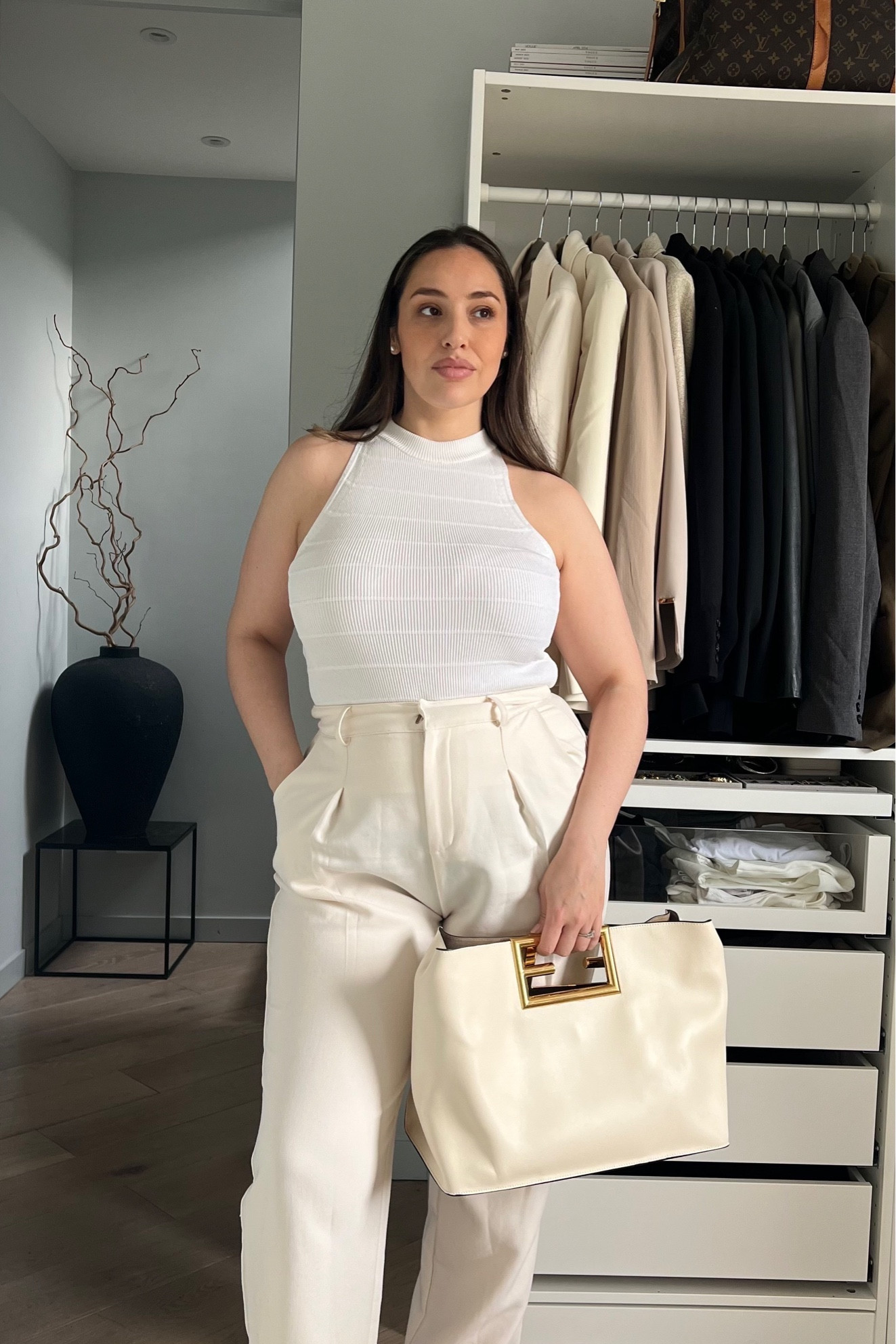 Casual spring outfit, midsize outfit.
All white outfit.
Trousers from DISSH size 16
Top from NYNNE size 3
Bag from FENDI model Way

#LTKmidsize #LTKworkwear #LTKSeasonal