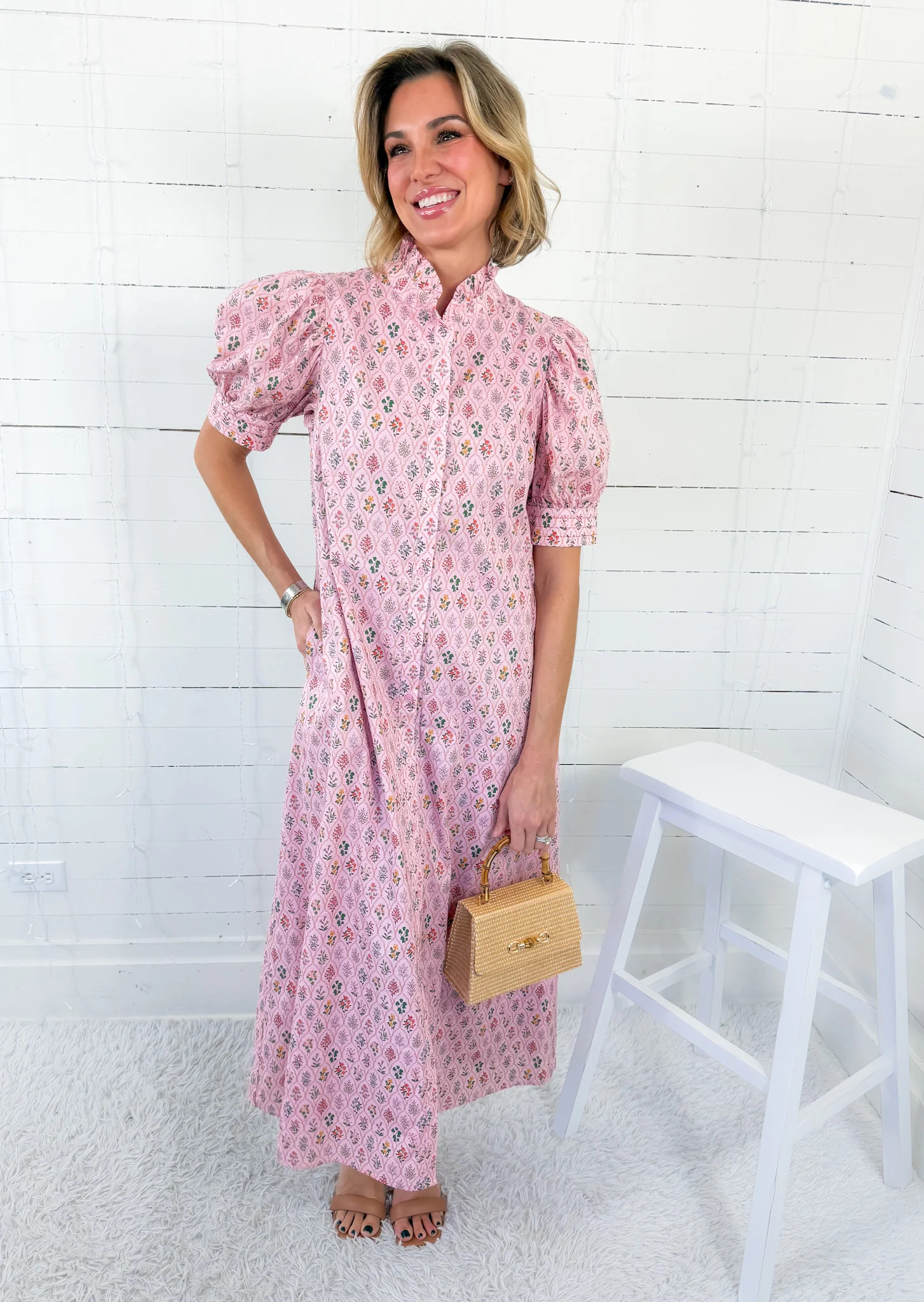 Hilda Blush Pink Ruffle Neck Button Maxi Dress FATE | Clover and Bee | Clover + Bee