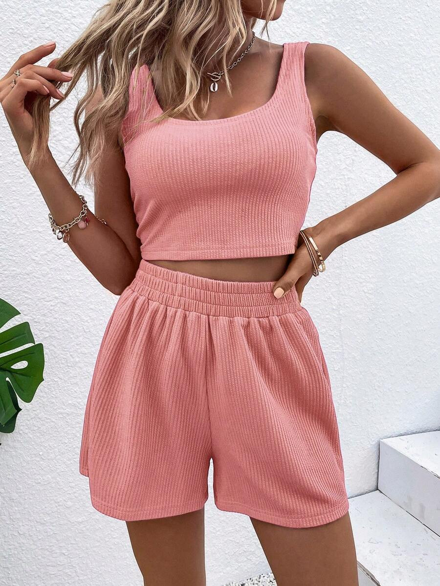 SHEIN LUNE Einfarbiges Tanktop und Shorts aus Rippstrick | SHEIN