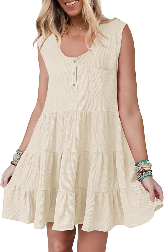 Ferlema Women's Summer Dresses 2024 Sleeveless Crew Neck Button Down Pleated Flowy Loose Swing Ba... | Amazon (US)