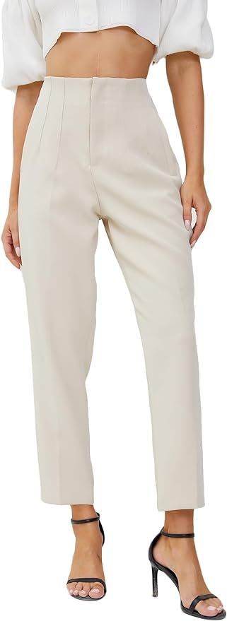 Women's High Waisted Business Trousers Straight Leg Pleated Office Slacks Pants | Amazon (US)