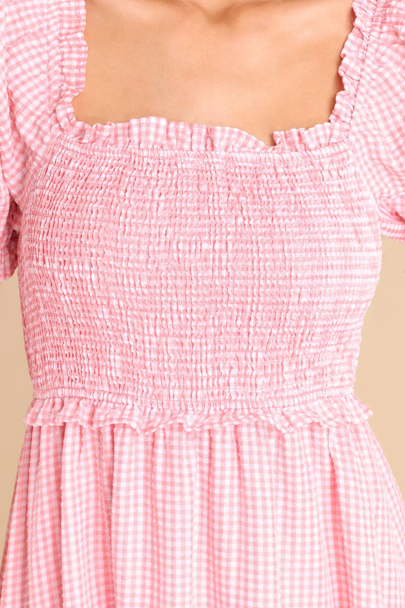 Acts Of Kindness Coral Pink Gingham Midi Dress | Red Dress 