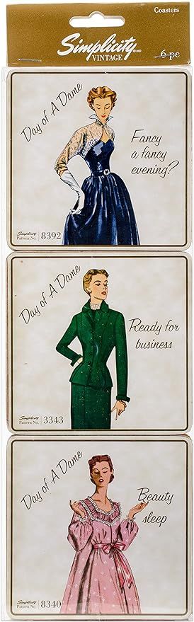 Simplicity Vintage Fashion 1950's ''Day of a Dame'' Cork Coaster Set, 6pc, 4'' x 4'' | Amazon (US)