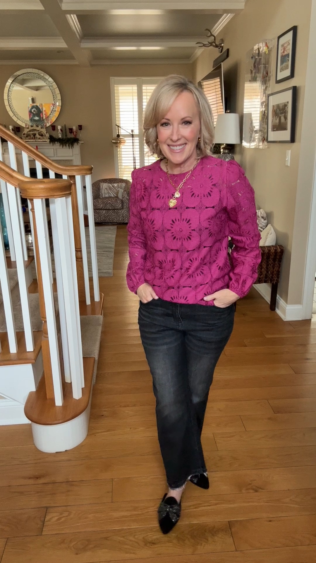 This outfit makes getting ready for date night feel effortless and so on-theme for the month of February! 💘This pink eyelet blouse from Amazon is feminine, flattering, and elevates any look. I paired it with my black wide-leg jeans from Amazon, these adorable J. Crew Factory embellished bow mules for a pop of sparkle, and some of my favorite staple jewelry from Amazon. Click here to shop my look! 

#LTKootd #LTKPetite #LTKValentine