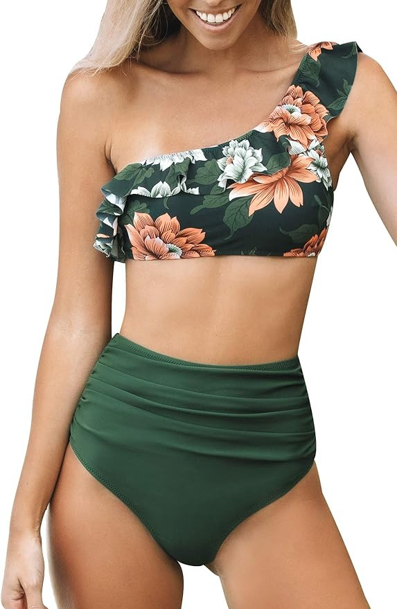 CUPSHE Women's High Waist Bikini Swimsuit Ruffle One Shoulder Two Piece Bathing Suit | Amazon (US)