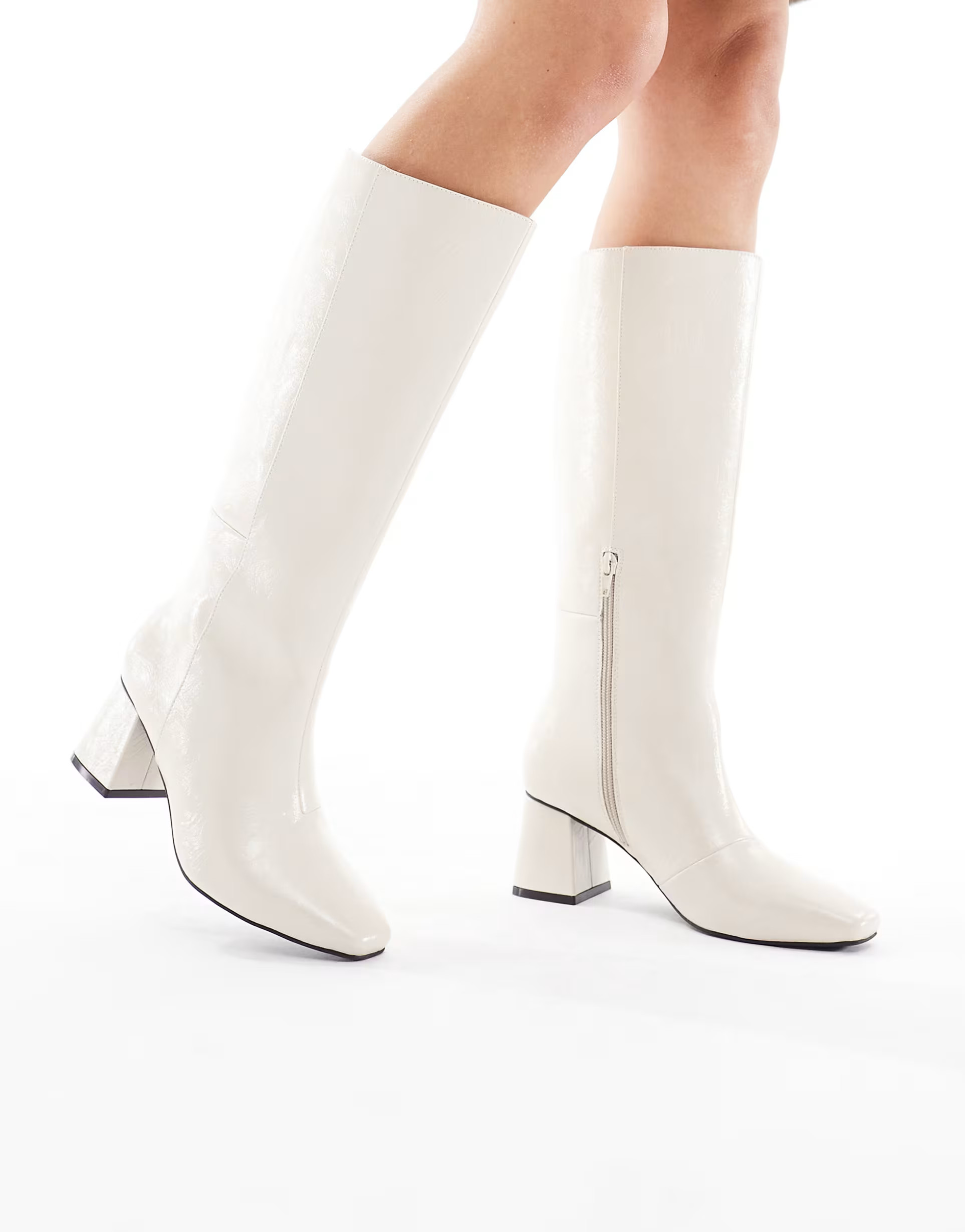 London Rebel Nova block heeled knee boots in cream | ASOS (Global)