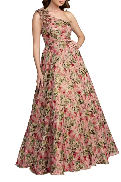 Mac Duggal One Shoulder Velvet Floral Ball Gown in Pink Multi at Nordstrom, Size 16 | Nordstrom