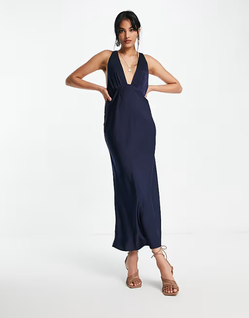 ASOS DESIGN bias cut plunge satin midi dress with racer back | ASOS (Global)