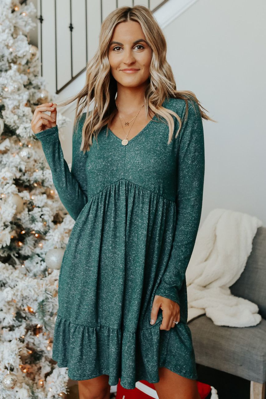 V-Neck Soft Brushed Green Empire Dress | Magnolia Boutique