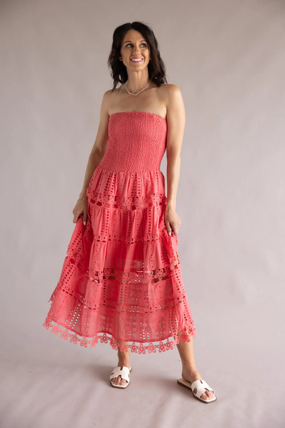 Eyelet Lace Strapless Midi Dress for Women in Coral | Glik's