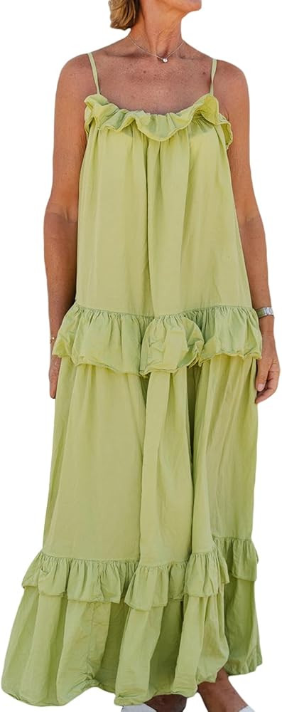 Women Boho Spaghetti Strap Maxi Dresses Summer Ruffled Tie Up Flowy Dresses Casual Tiered Beach L... | Amazon (US)