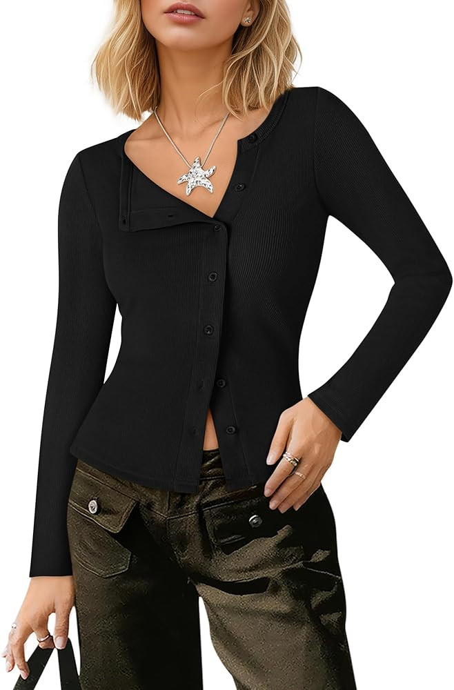 Cardigan Sweaters for Women Asymmetrical Button Up Long Sleeve Shirts Crewneck Ribbed Crop Tops F... | Amazon (US)