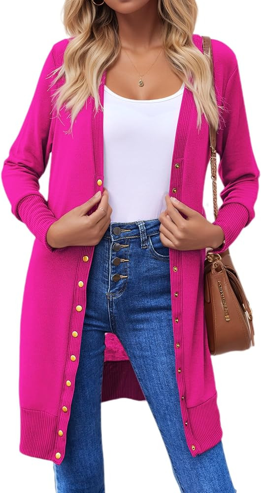 Halife Womens Long Sleeve Cardigans Lightweight Ribbed Neckline Soft Knit Cardigan Sweater with B... | Amazon (US)