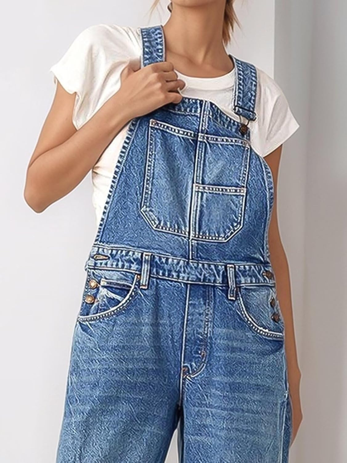 Flamingals Barrel Leg Stitch Detail Button Side Denim Overalls for Women Casual Jumpsuits with Pockets | Amazon (US)