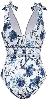 FLAXMAKER Blue and White V Neck Lace Up Strip Plant Prints One Piece Swimsuit and Skirt/Sarong | Amazon (US)