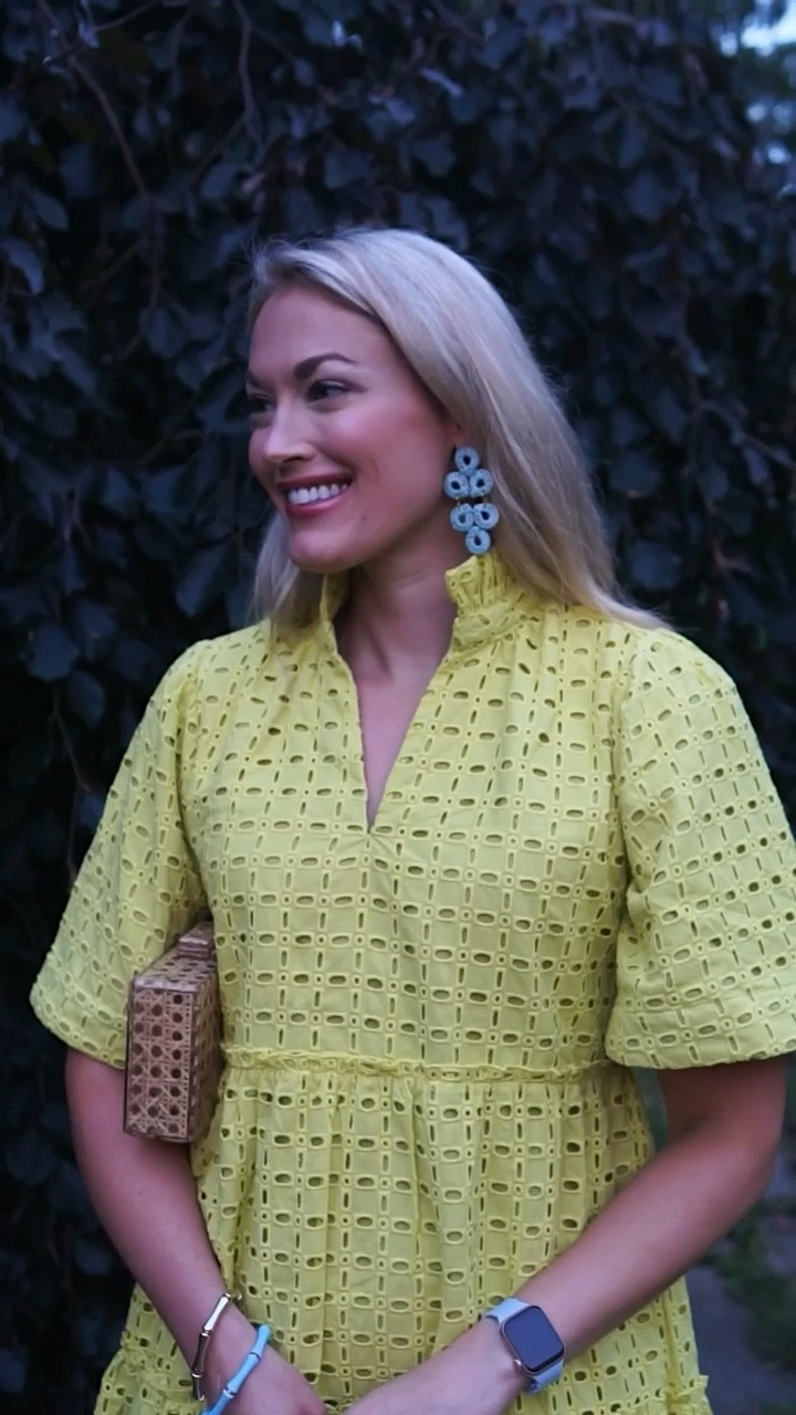 Eyelet dress from Tuckernuck. I love the lemongrass color. Paired it with raffia earrings & bamboo bracelets from Lisi Lerch and this gorgeous cane acrylic clutch from Rae of Light 

#LTKVideo #LTKSeasonal #LTKTravel