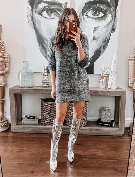 Medium in sweater dress
Silver boots run true to size 

Holiday party outfit
Holiday outfit
Christmas party outfit
New Year’s Eve outfit 

#LTKSeasonal #LTKHolidaySale #LTKHoliday